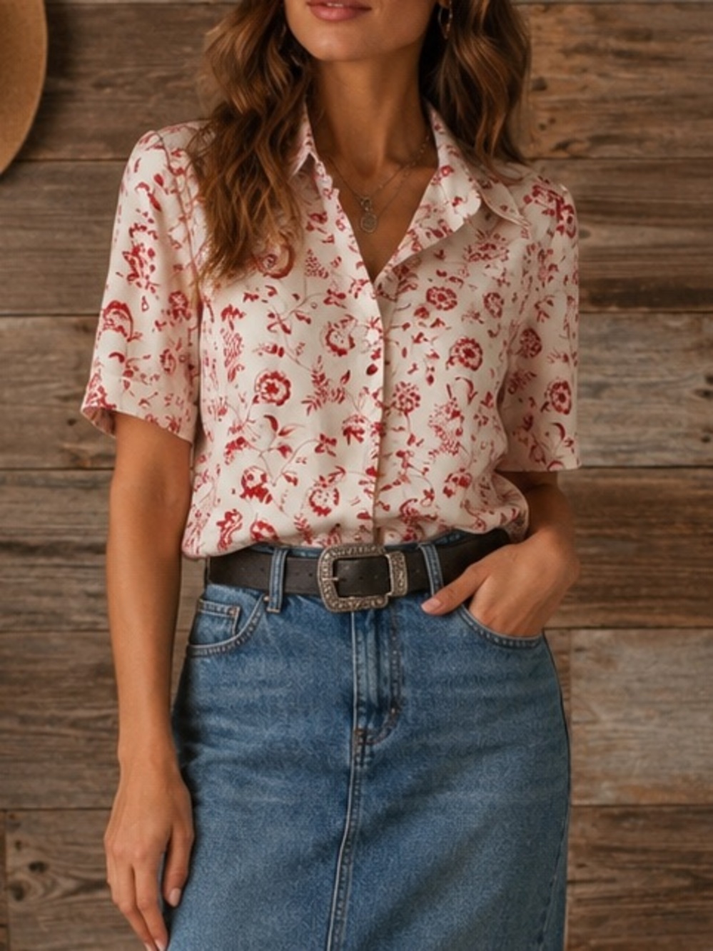 Vintage Floral Button Down Top 8 Western Bandana Scarf Print Red Cowgirl Granny